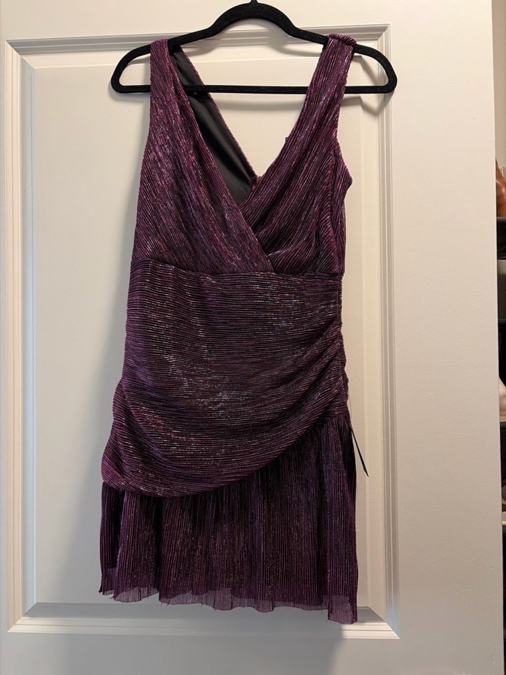 Lulu's Plum Metallic Ruched V-Neck Mini Dress - Picture 2 of 4